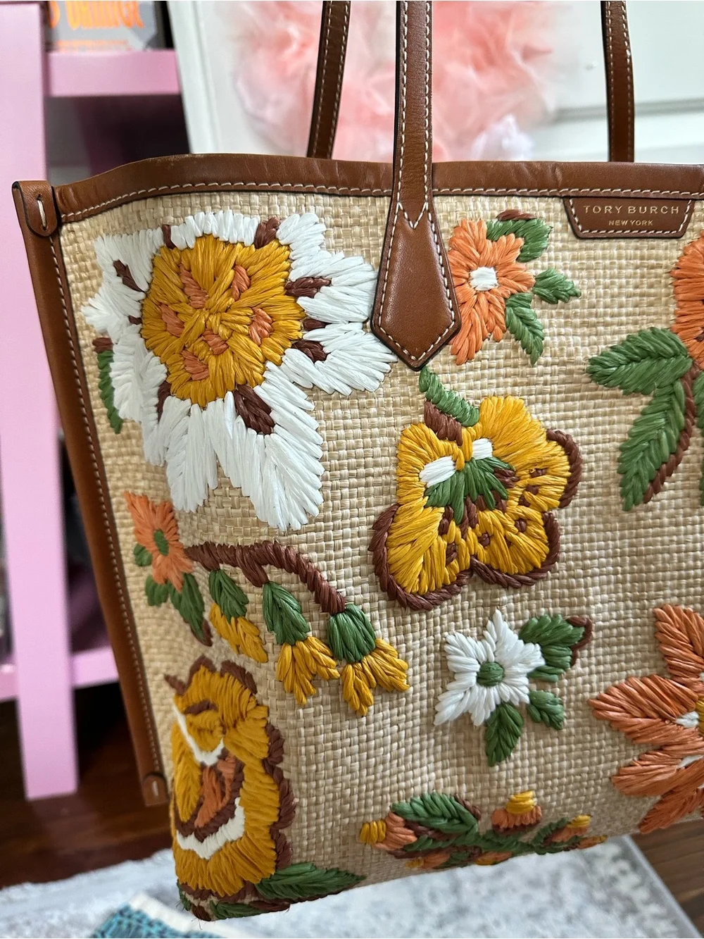 Tory Burch Floral Embroidered Raffia Tote in Brown and Yellow